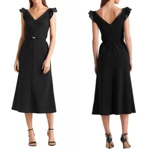 Lauren RALPH LAUREN Black Sequin Trim Flatter Sleeve Cocktail Midi Dress 10 Belt